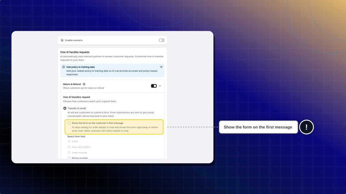 The Show the form on the customer's first message checkbox under Transfer to email