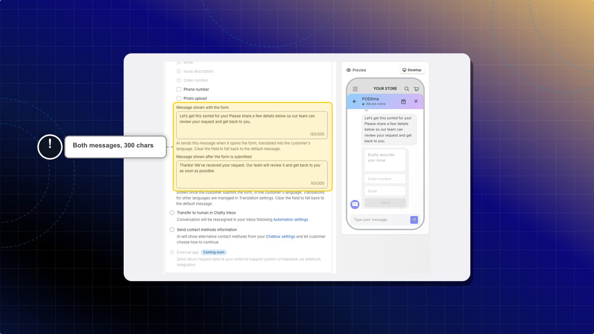 The two message fields, each with helper text and a 300-character counter