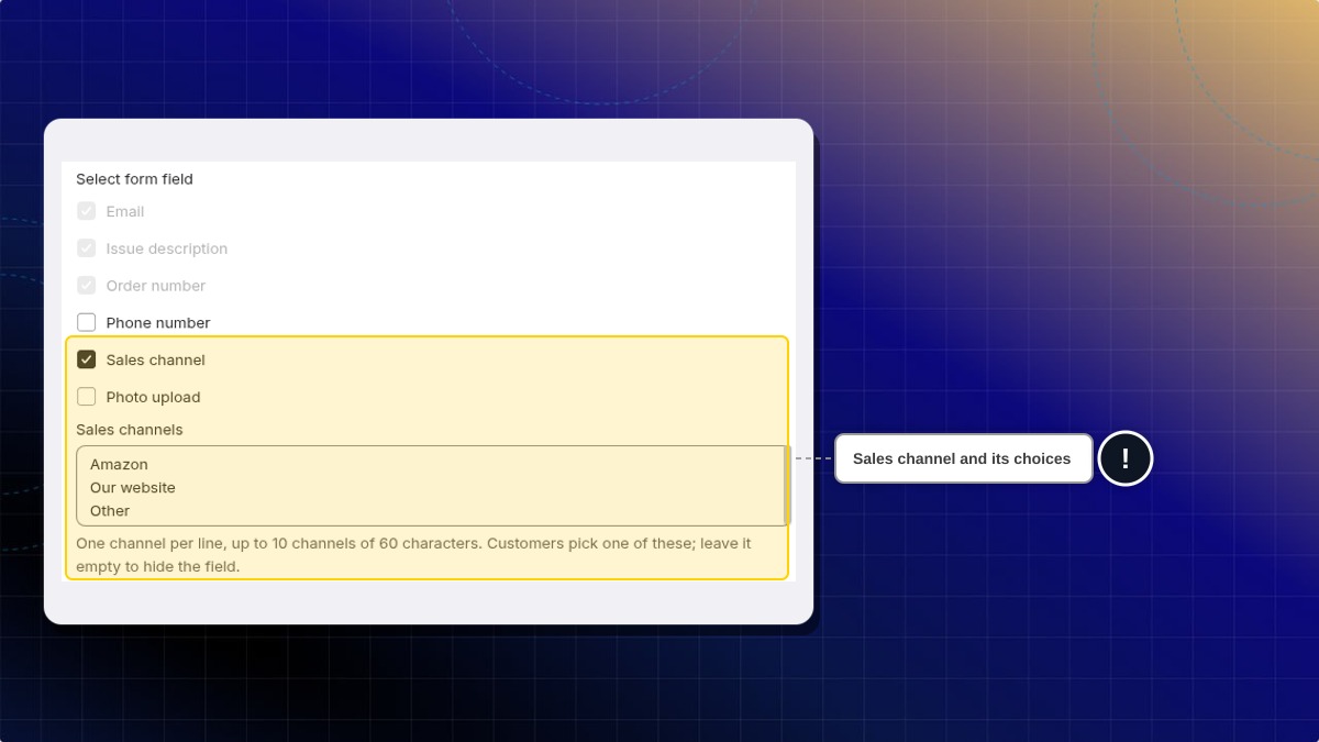 The Sales channel checkbox and the Sales channels list under Select form field