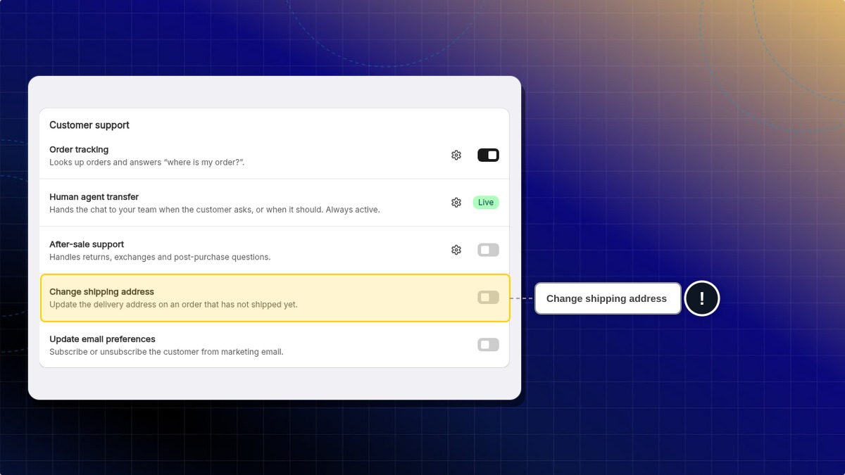 Customer support skills with the Change shipping address row highlighted
