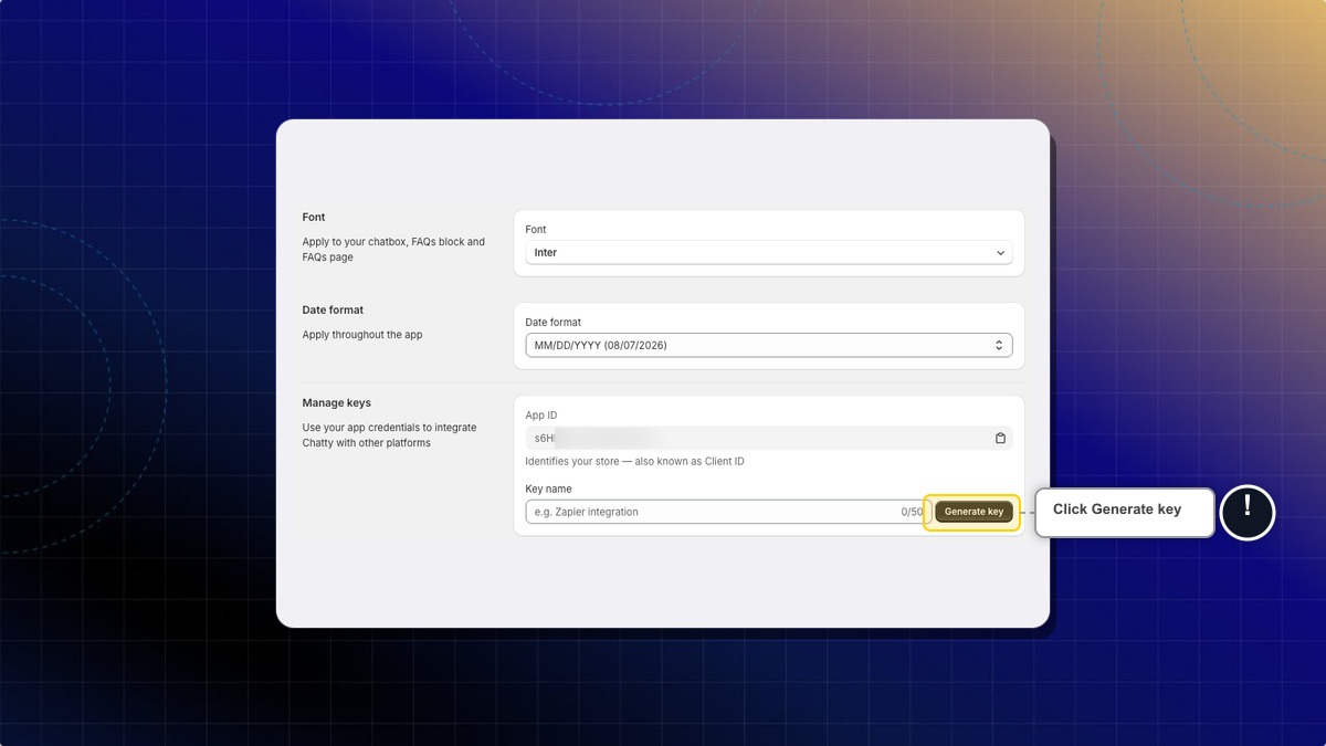 The Manage keys panel with the Key name field and the Generate key button