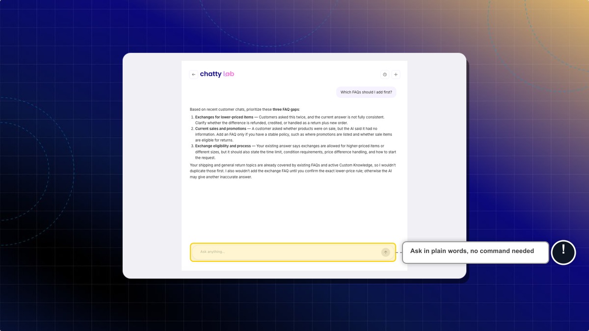 Chatty Lab answering a question about FAQ gaps, using the shop's own data