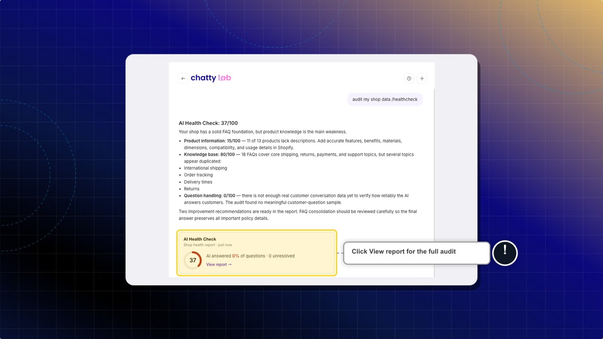 Health check summary with the score ring and the View report link
