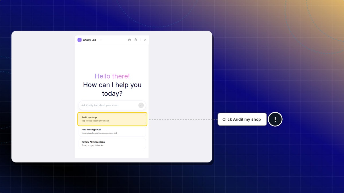 The Audit my shop starter card in an empty Chatty Lab chat