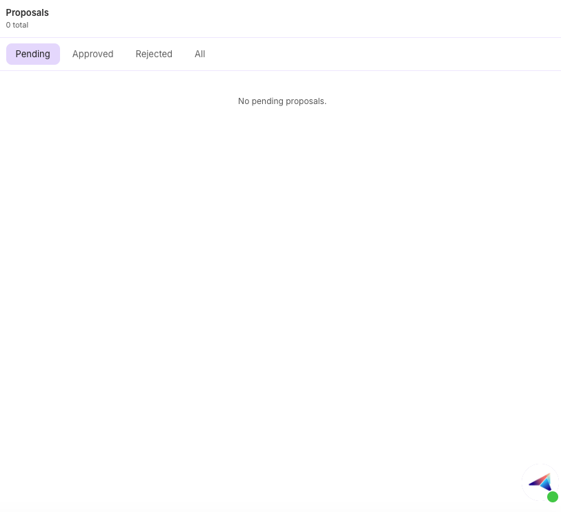 The Proposals panel with the Pending, Approved, Rejected, and All tabs