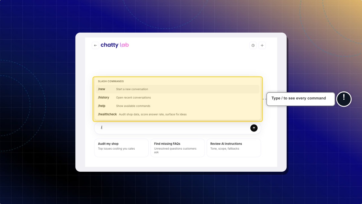 The slash command menu open above the message box
