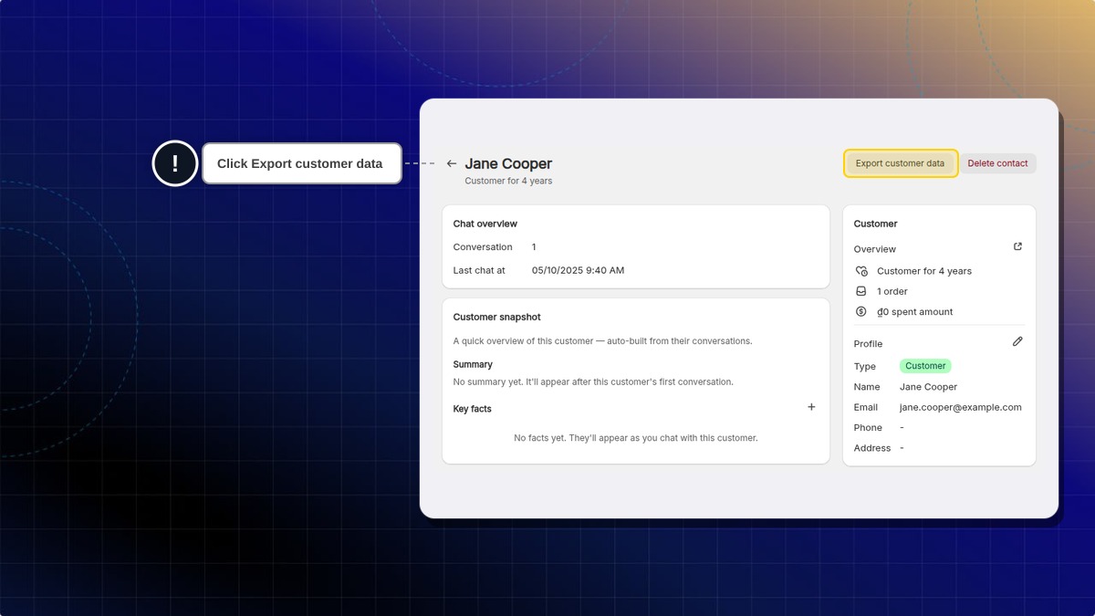 The Export customer data button at the top right of a contact page