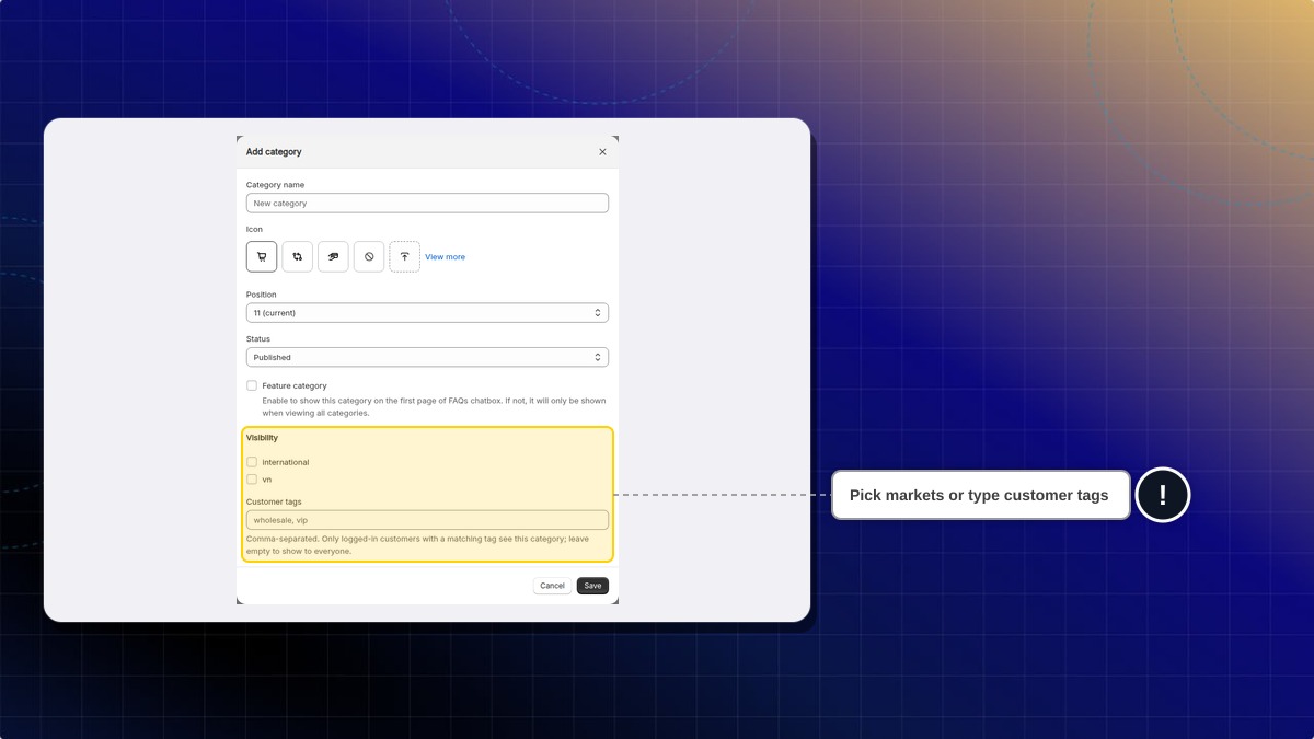 Visibility section in Add category, with market checkboxes and the Customer tags field
