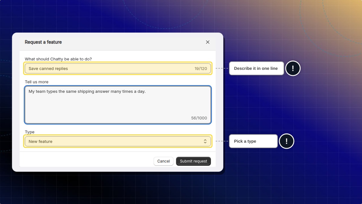 Request a feature form with the first field and Type highlighted