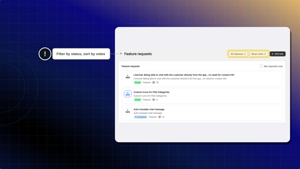 Status and sort dropdowns highlighted in the Feature requests header