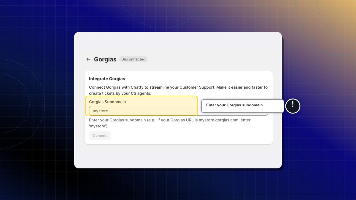 Gorgias Integrate screen with the subdomain field