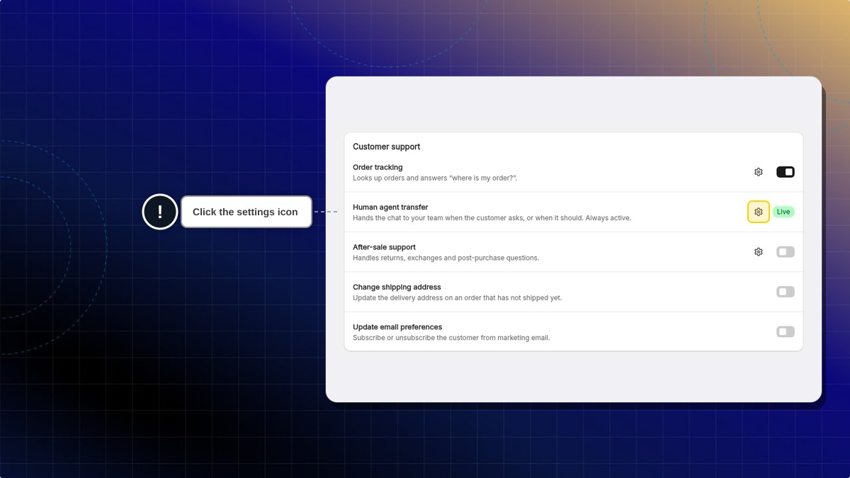 The Human agent transfer row under Customer support, with the settings icon highlighted