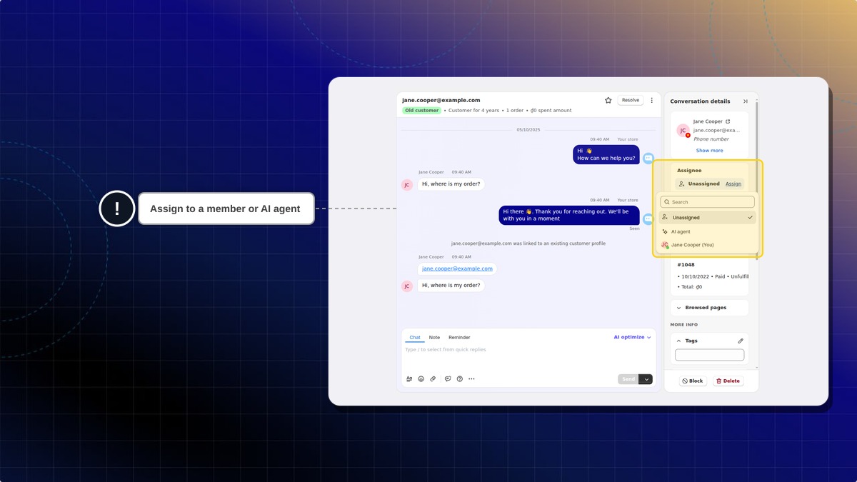 The Assign list in Conversation details with Unassigned, AI agent and a team member