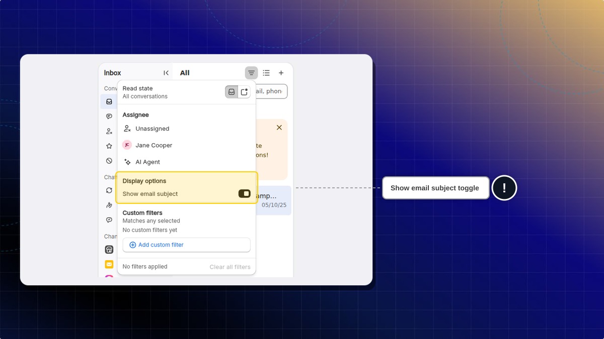 The filter menu with Read state, Assignee, Display options and Custom filters