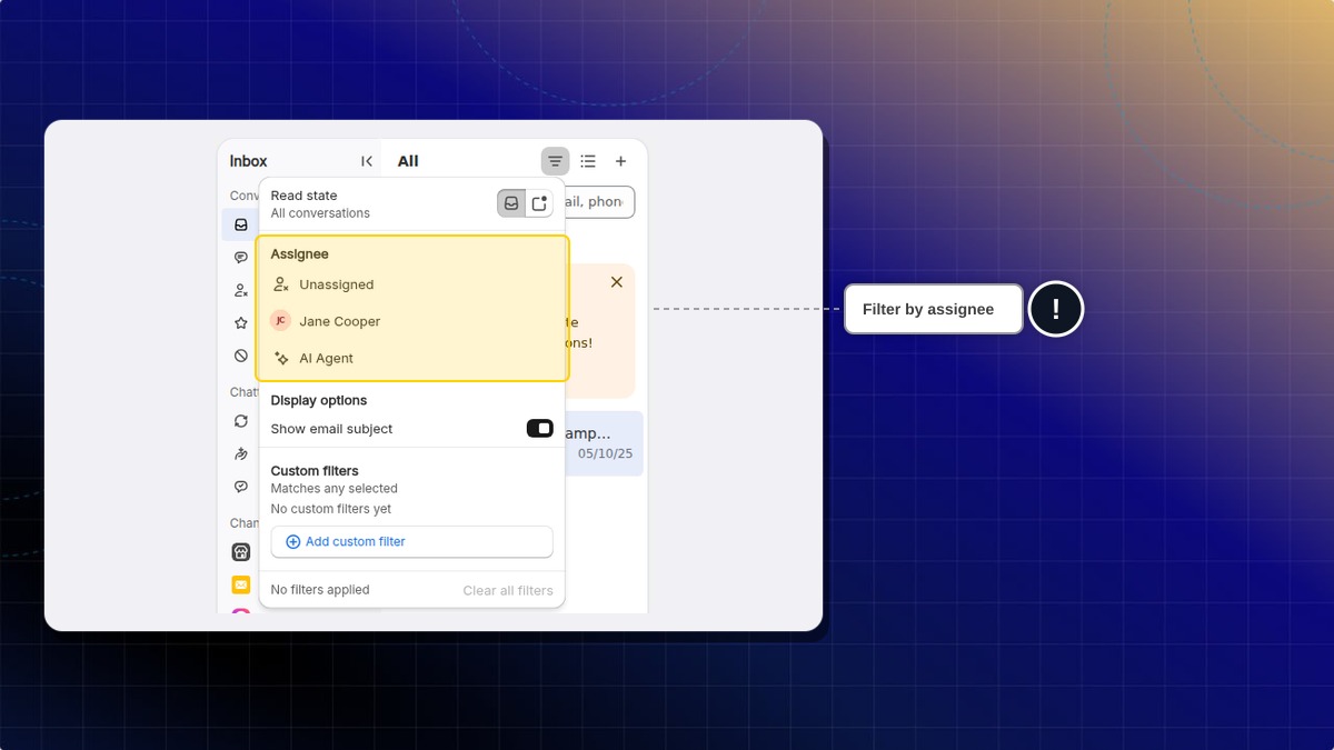The Assignee section of the filter menu, with Unassigned, a team member and AI Agent