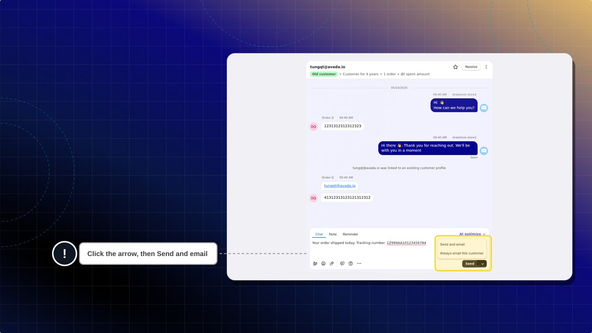 Send options menu open beside Send, showing Send and email and Always email this customer