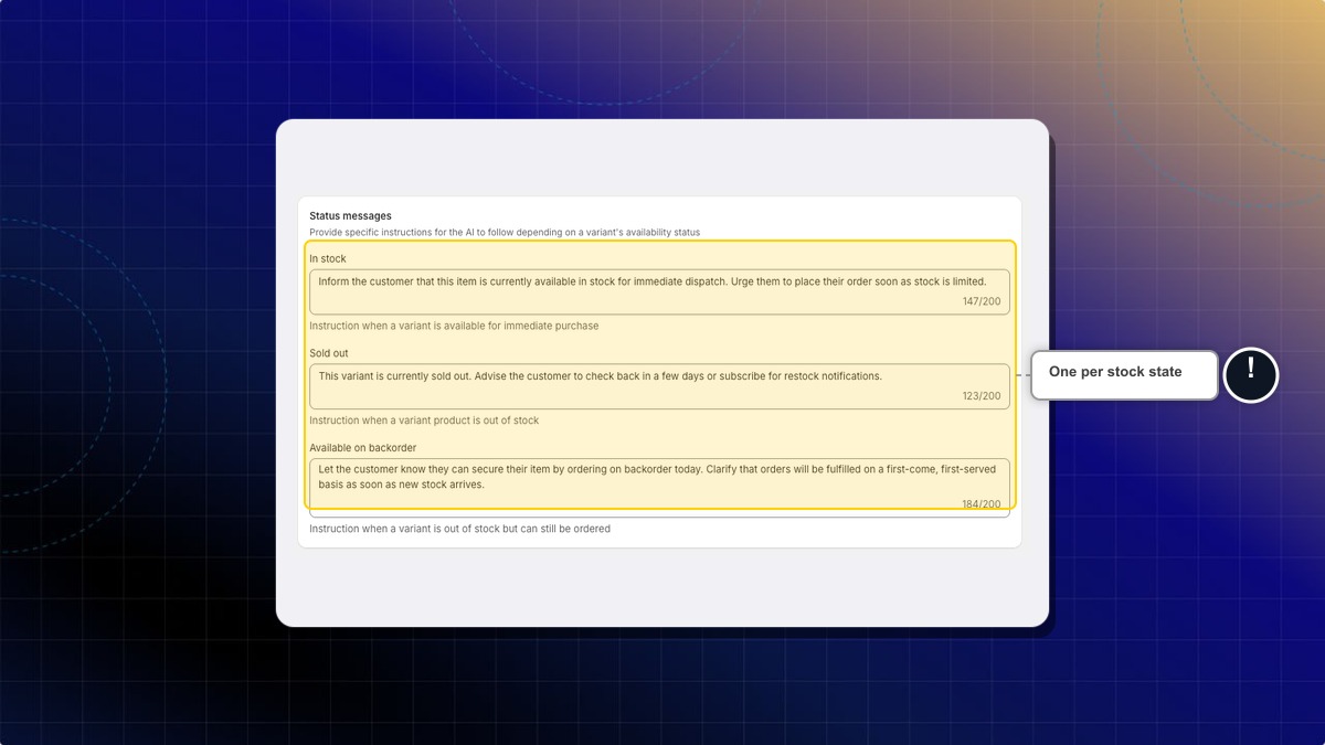Status messages with an instruction written for each stock state