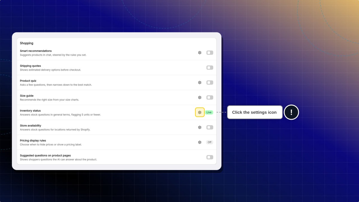 Inventory status row in the Shopping group on the Skills page