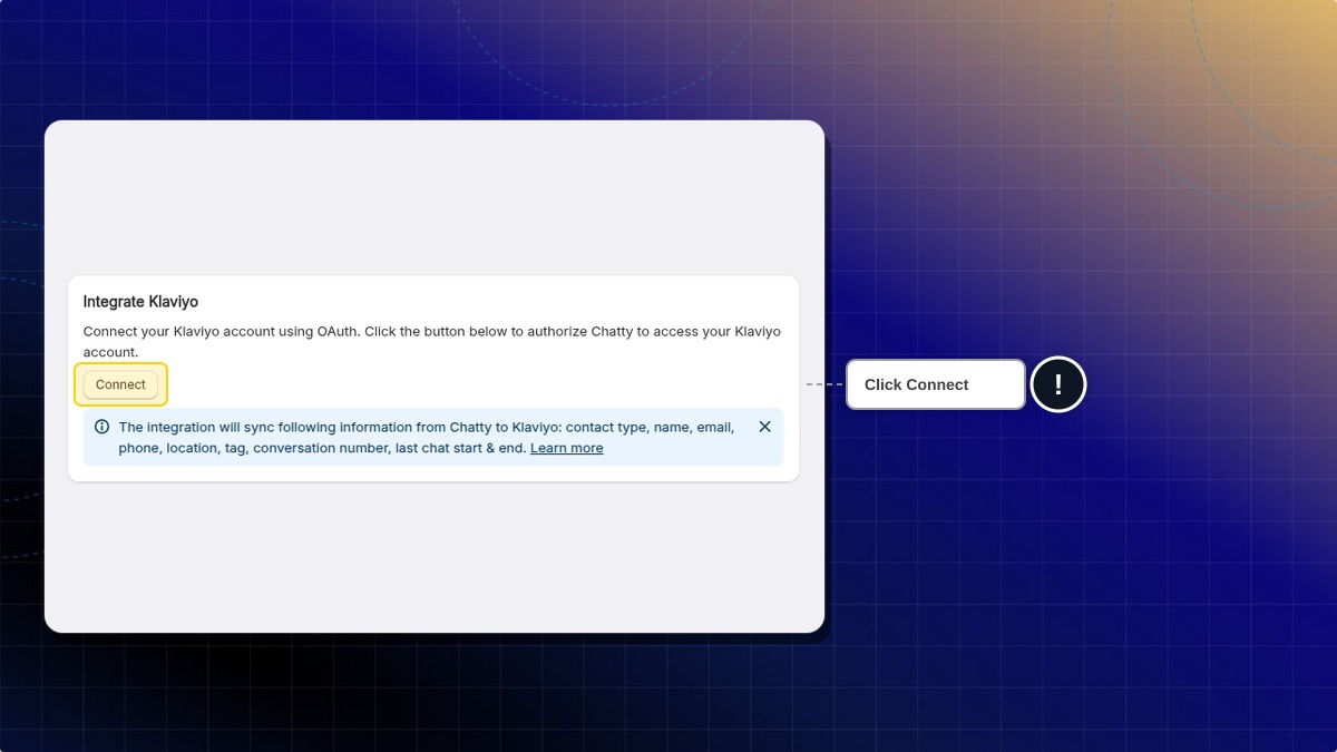 Click Connect on the Integrate Klaviyo card to start the authorization