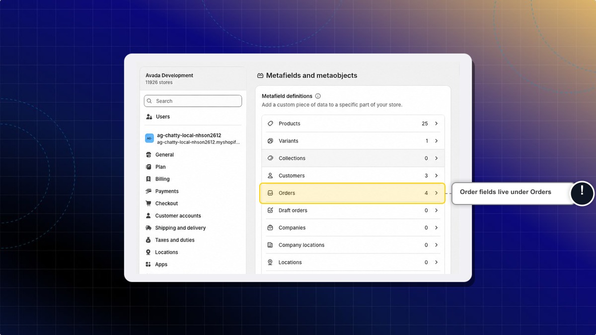 Orders row in the Metafields and metaobjects settings