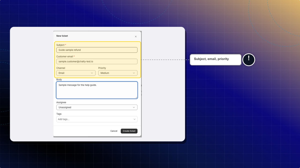 New ticket window, with Subject, Customer email, and Priority
