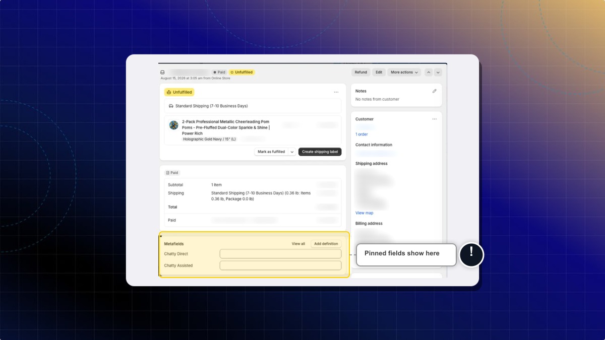 Chatty Assisted and Chatty Direct pinned on a Shopify order page