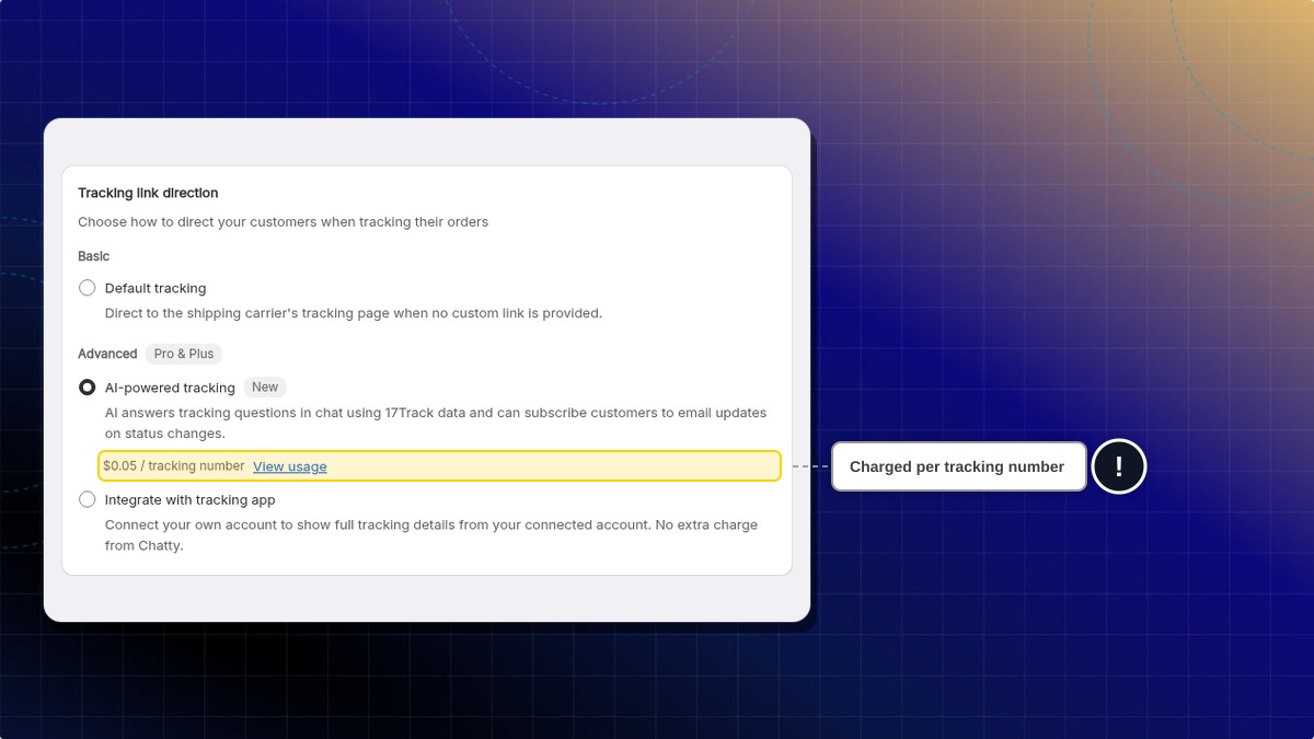 AI-powered tracking selected, with the price per tracking number and the View usage link