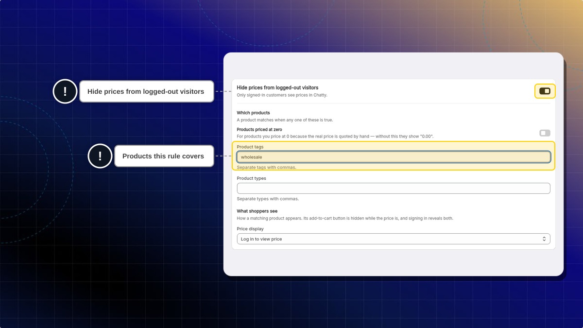 Hide prices from logged-out visitors turned on, with wholesale in Product tags