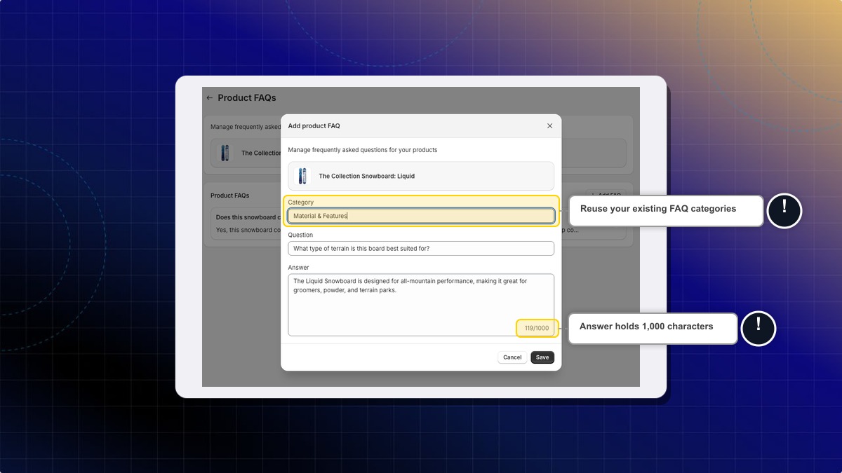The Add product FAQ form with Category, Question and Answer filled in