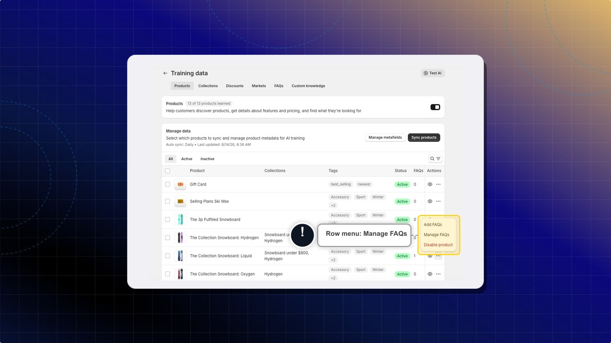 The row action menu on the Products tab with Manage FAQs