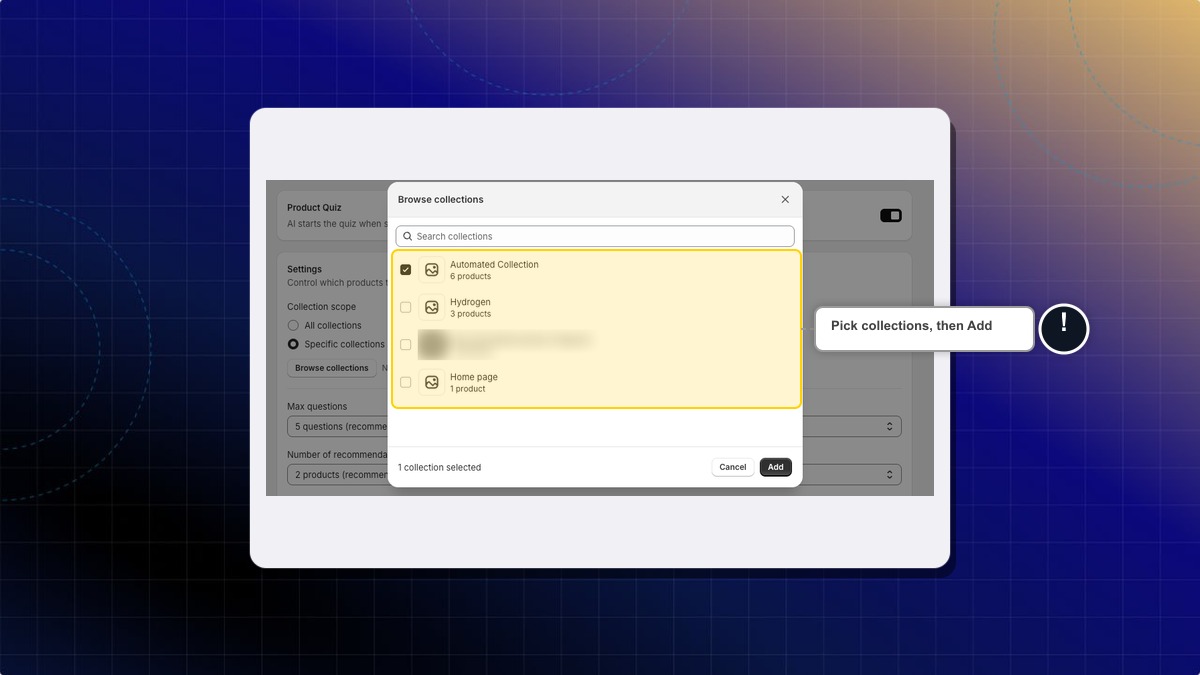 Browse collections, tick the ones the quiz should use, then click Add