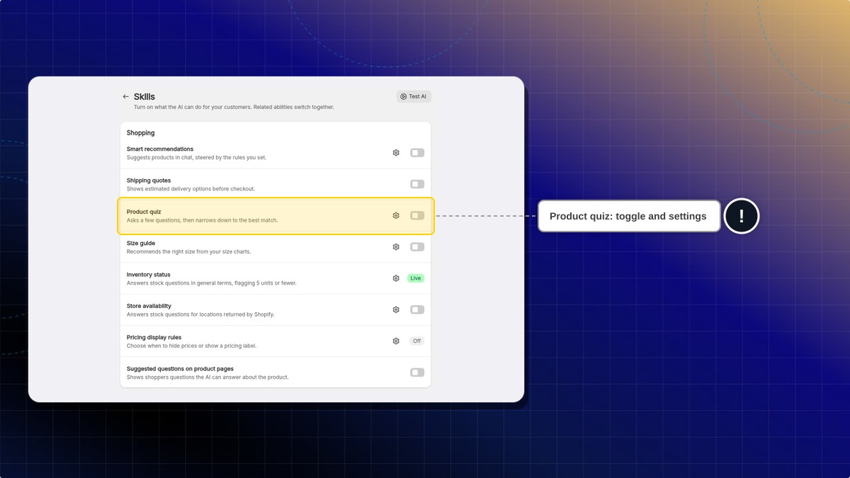 Product quiz in the Shopping list on the Skills page