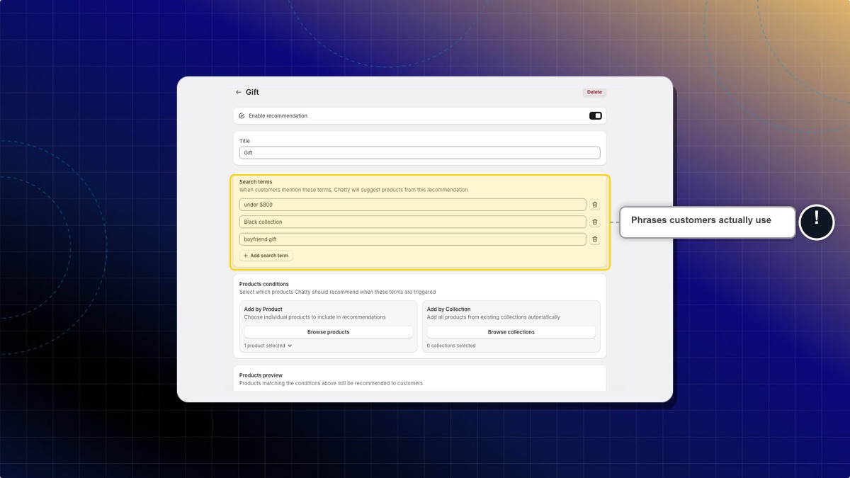 Custom recommendation form with the search terms filled in