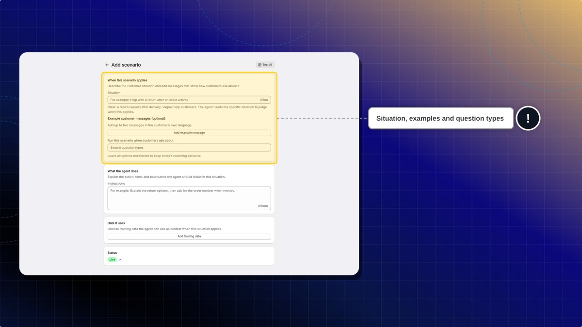 The Add scenario form with Situation, Example customer messages and question types