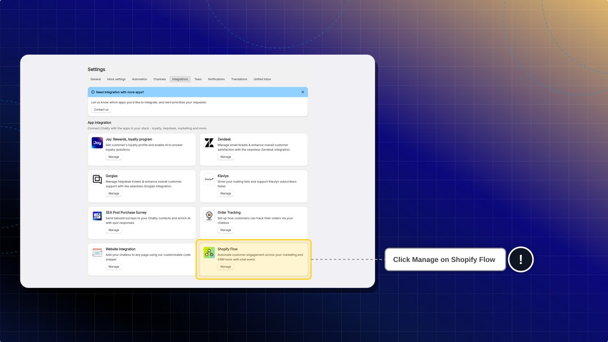 Integrations tab in Chatty Settings with the Shopify Flow card highlighted