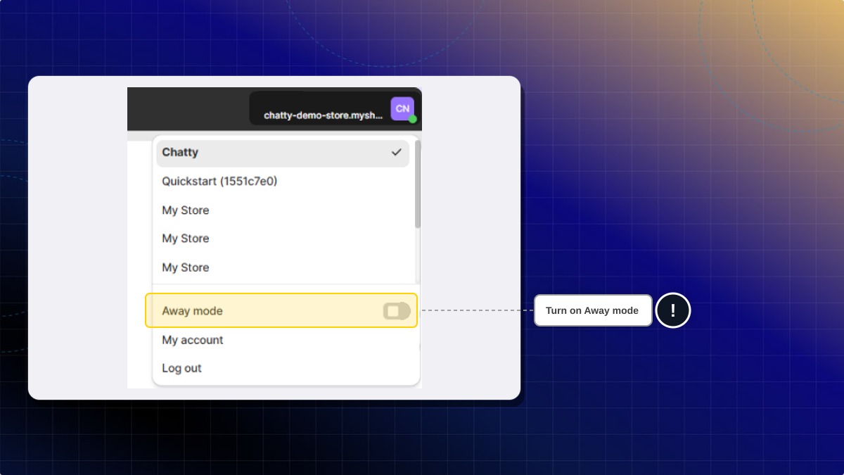 The Away mode toggle in the user menu, opened from the avatar in the top right