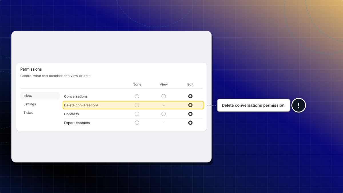 The Permissions card with Edit selected in the Delete conversations row