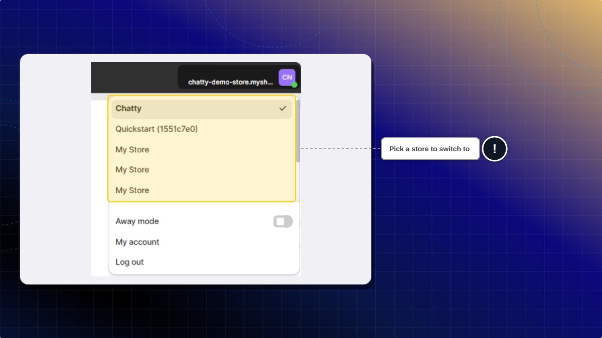 The store list in the user menu, opened from the avatar in the top right