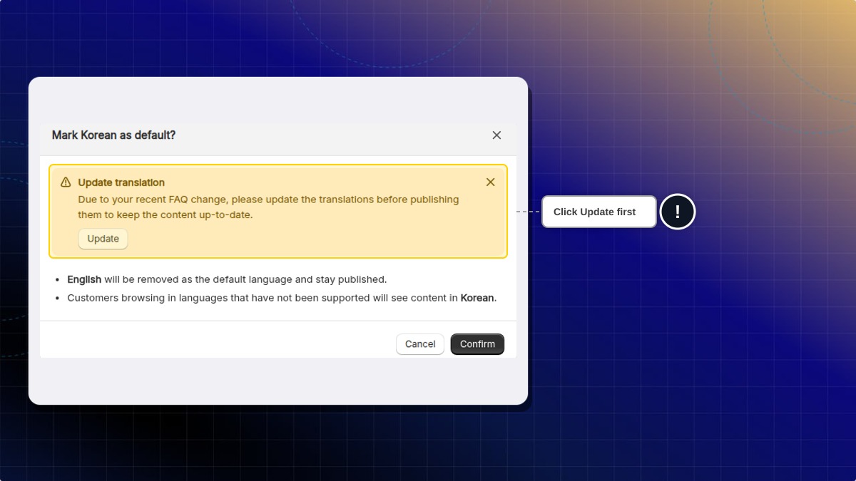 Mark as default window with the Update translation notice highlighted