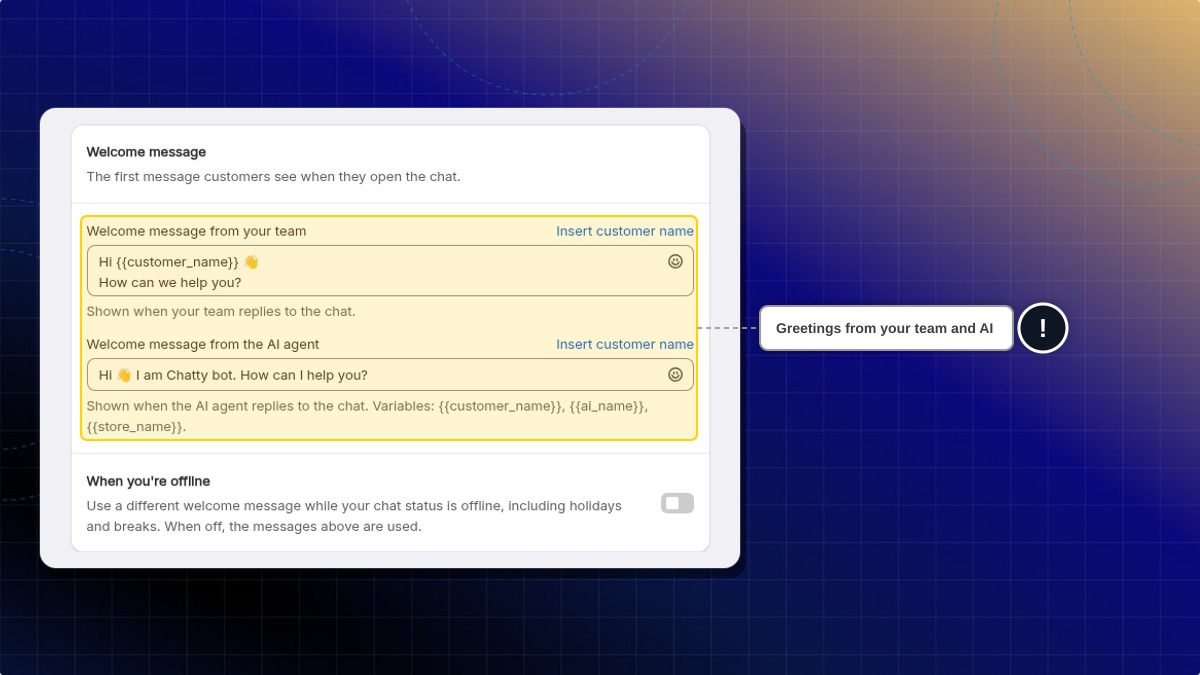 The team and AI agent welcome message fields on the Chat availability page