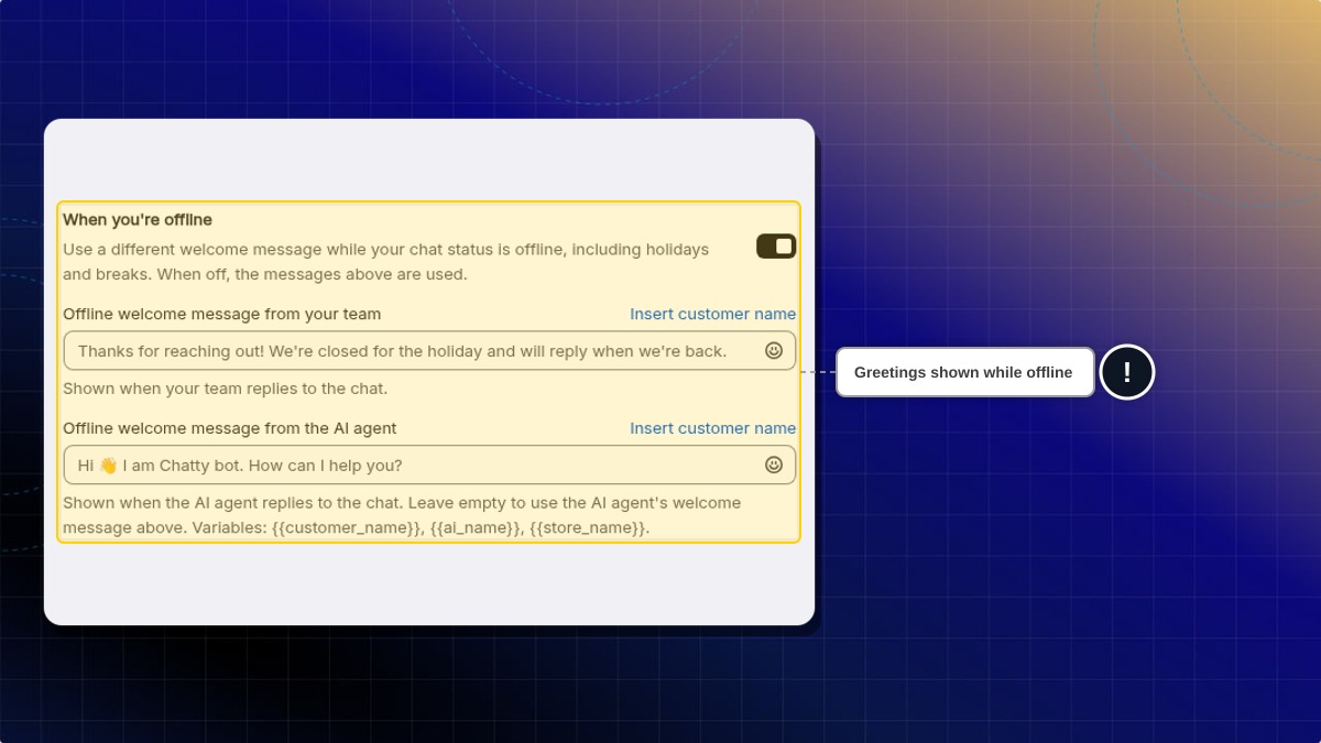 The When you're offline toggle turned on, with the offline team and AI agent fields