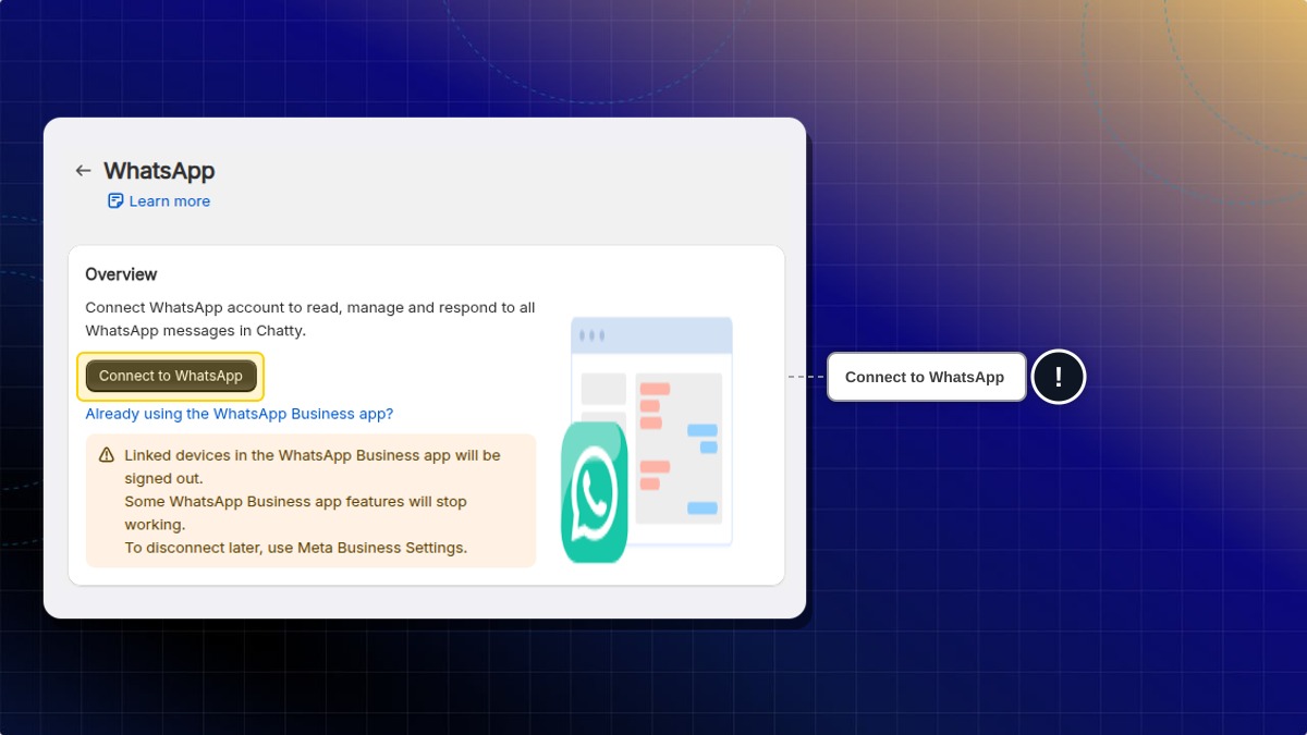 The WhatsApp page in Chatty with the Connect to WhatsApp button highlighted