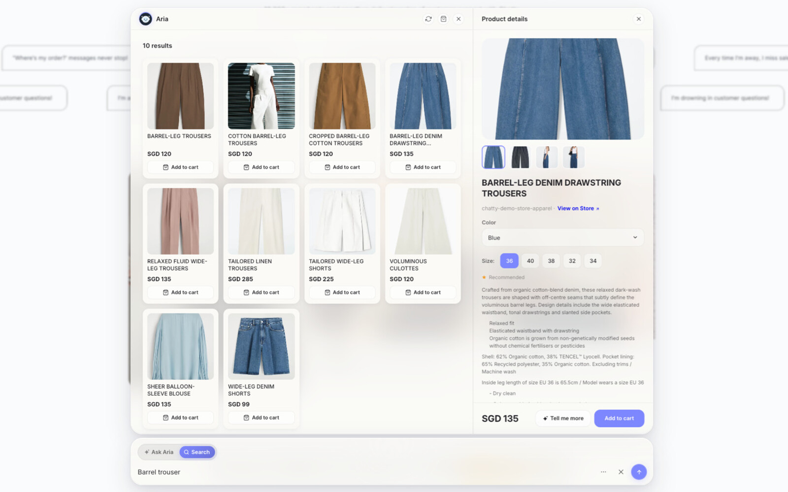 Search results and product details inside the AI Mode panel